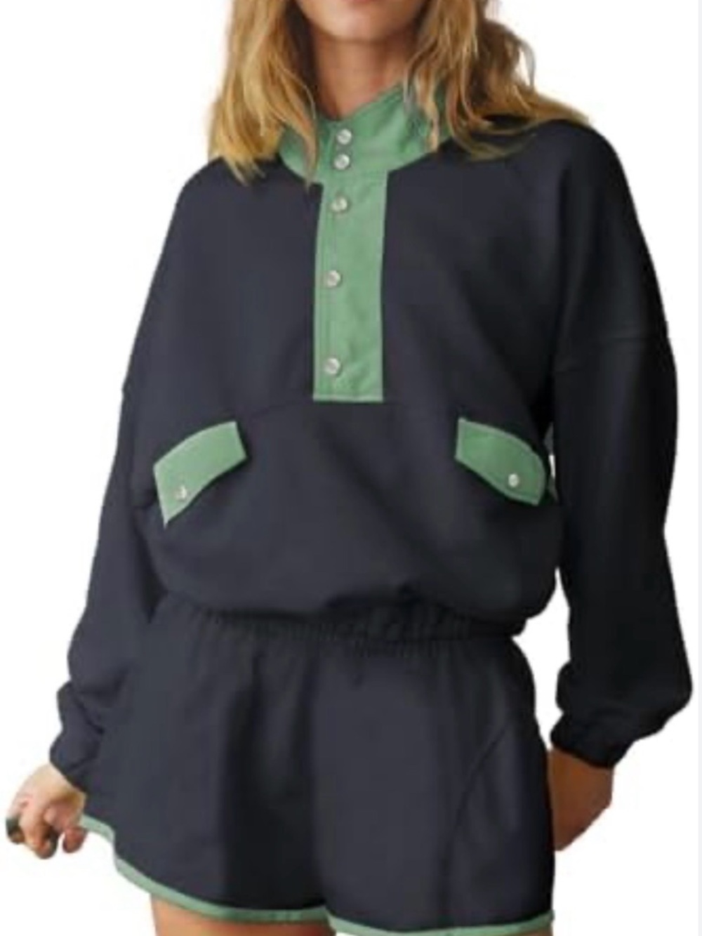 Women’s Black and Green Casual Elastic-Waist Shorts